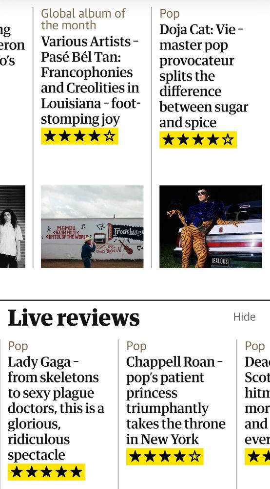 Screenshot of Guardian Album and Live reviews, showing only 4 and 5 star reviews.