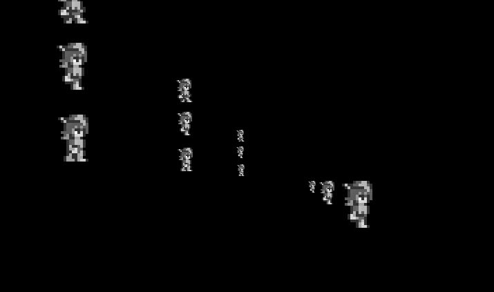 Screen shot showing desaturated pixel art characters on an empty black screen