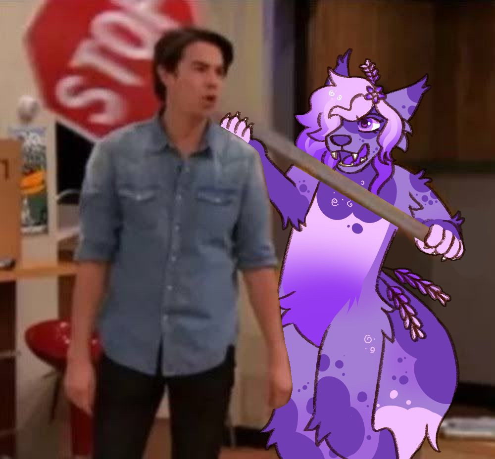 Art of Lauv drawn over a scene from iCarly where Gibby is hitting Spencer in the back of the head with a stop sign. I am Gibby.