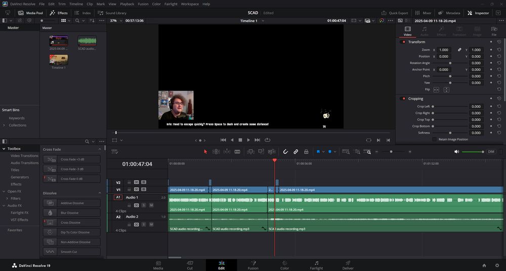 Screenshot of my DaVinci Resolve timeline, showing my basic progress in learning the program for the first time.