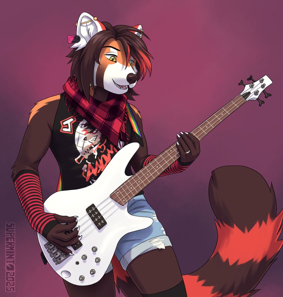 Digital art portrait of a male anthro red panda playing a white electric bass guitar. The character has bright green eyes and a typical red panda coloration, except for some firetruck red on the tail stripes and behind the ears. He has shoulder length black hair with red highlights, and is wearing a plaid red neckerchief, black and red striped arm warmers, a black graphic tank, and light wash distressed jean shorts.