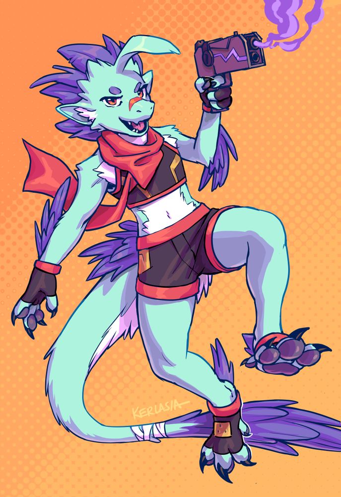 Stylized fullbody portrait of an anthro raptor/mammal creature. He has predominantly seafoam green body with bluish purple feathers, and white countershading. He is wearing black and red top and matching shorts, a red flowing scarf, and is holding a smoking scifi pistol emitting purple smoke 
