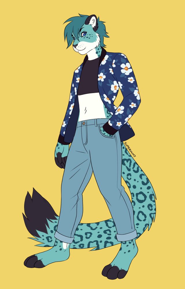A flat color, fullbody portrait of a light turquoise, anthro, nonbinary snow leopard posing with one hand in a pocket. They have blue eyes, short, darker turquoise hair, and black ears, fingers, toes, and tail tip. They are wearing a blue bomber jacket with a white floral print, a fitted black crop top, and light-wash, cuffed jeans. The background is lemon yellow.