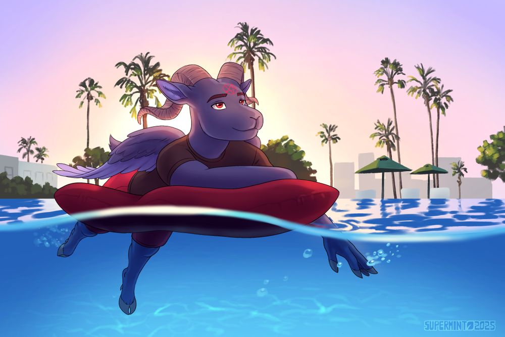 A dark blue winged demonic anthro goat relaxes on a float during sunset in a pool with palm trees in the background