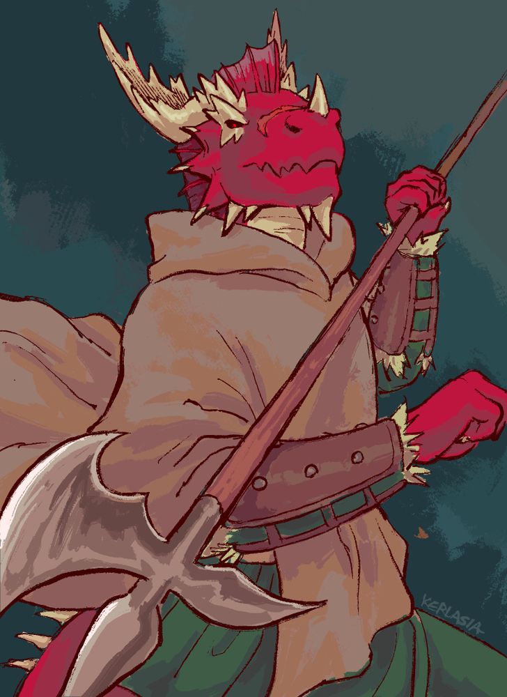 Stylized portrait of a red and beige dragonborn in medieval garb posing with a halberd pointed towards the viewer