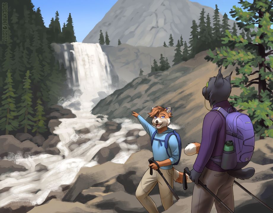 Painted nature scene with two anthro characters (red panda and lynx) in hiking gear. The red panda points at a waterfall in the background. There is a whitewater river coursing through rocky terrain, flanked by evergreen forests. A rocky mountain peak is visible in the distance.