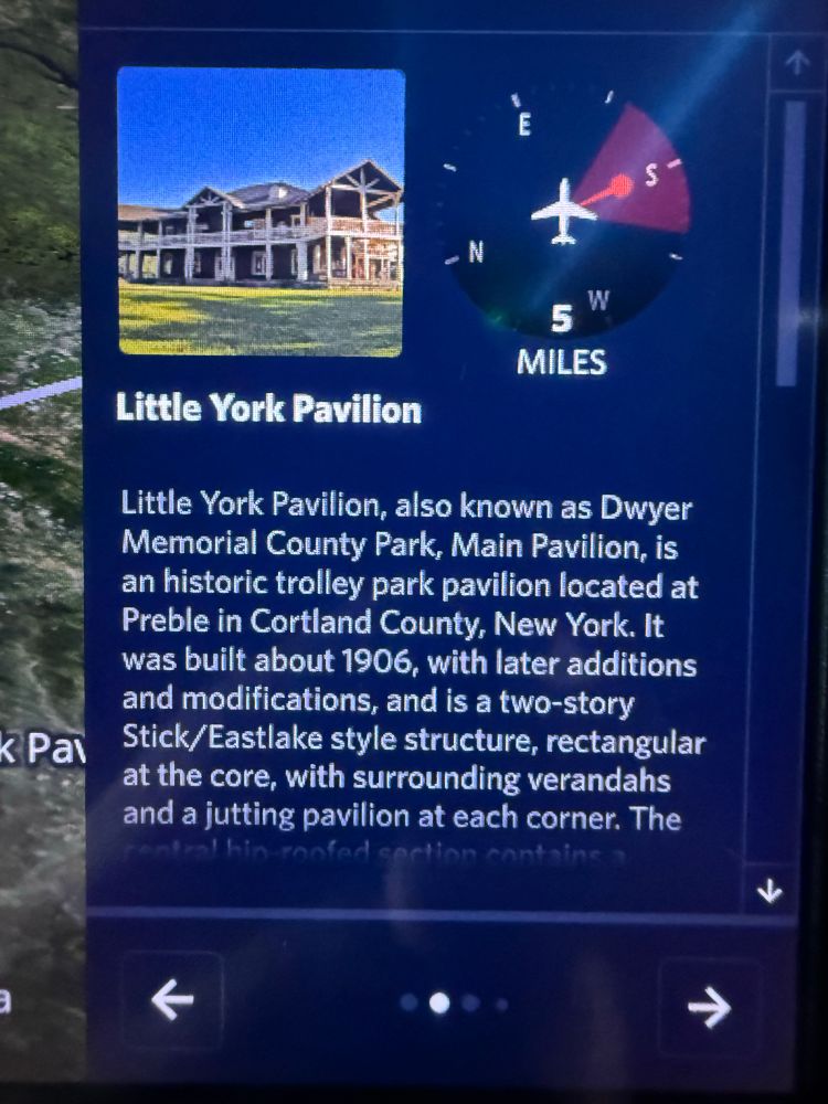 Wikipedia entry for Little York Pavilion in New York on a seatback screen