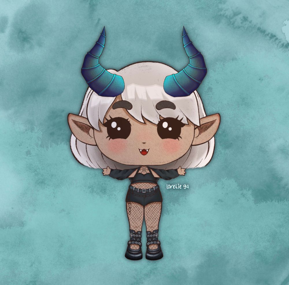 Chibi character with white hair and a black outfit, background is light blue  