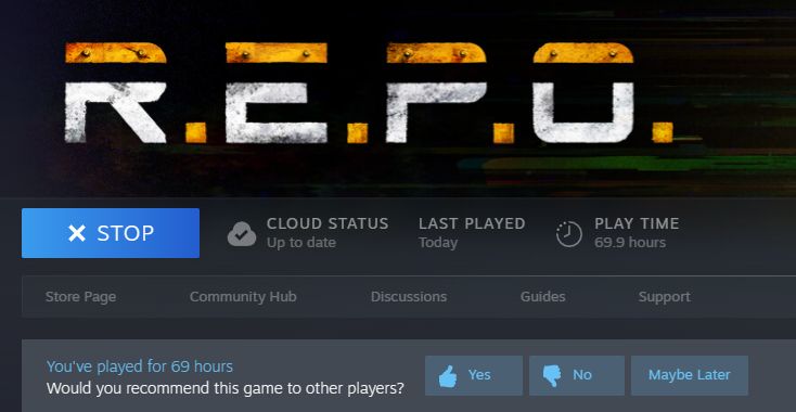 a screenshot from the Steam client of the game of R.E.P.O. showing the playtime of 69 hours