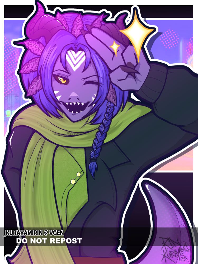 a waist up drawing of vtuber blucifer carno, a dinosaur inspired humanoid vtuber character with blue scaly skin, horns, feathers, and sharp teeth. hes looking at the viewer and winking with an open grin and a two finger salute.