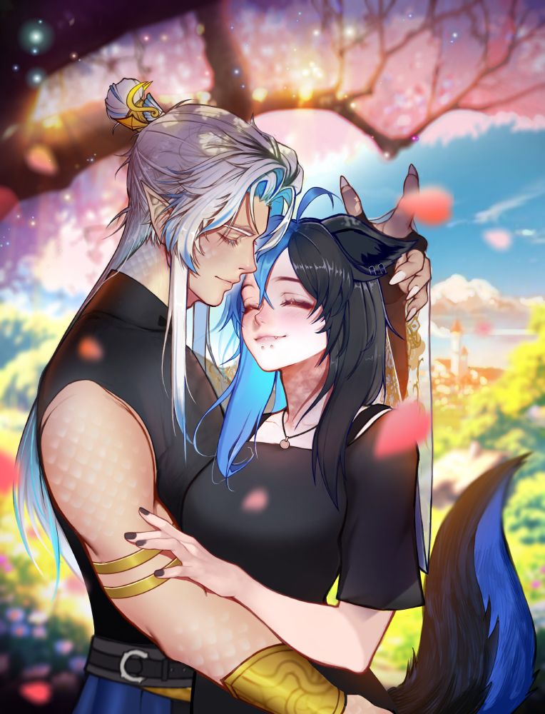 an image with two characters. the background is bright with cherry blossom trees. the taller character is a male with white and blue hair, with golden jewelry on his arms and wrist. he's holding a smaller feminine-presenting character with black and blue hair, and also a black and blue wolf-tail and ears. the feminine-presenting character is significantly shorter. the picture is romantic intended.