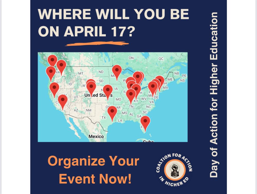 Map of the US featuring red markers across the country where higher education actions are planned for April 17th, 2025. 