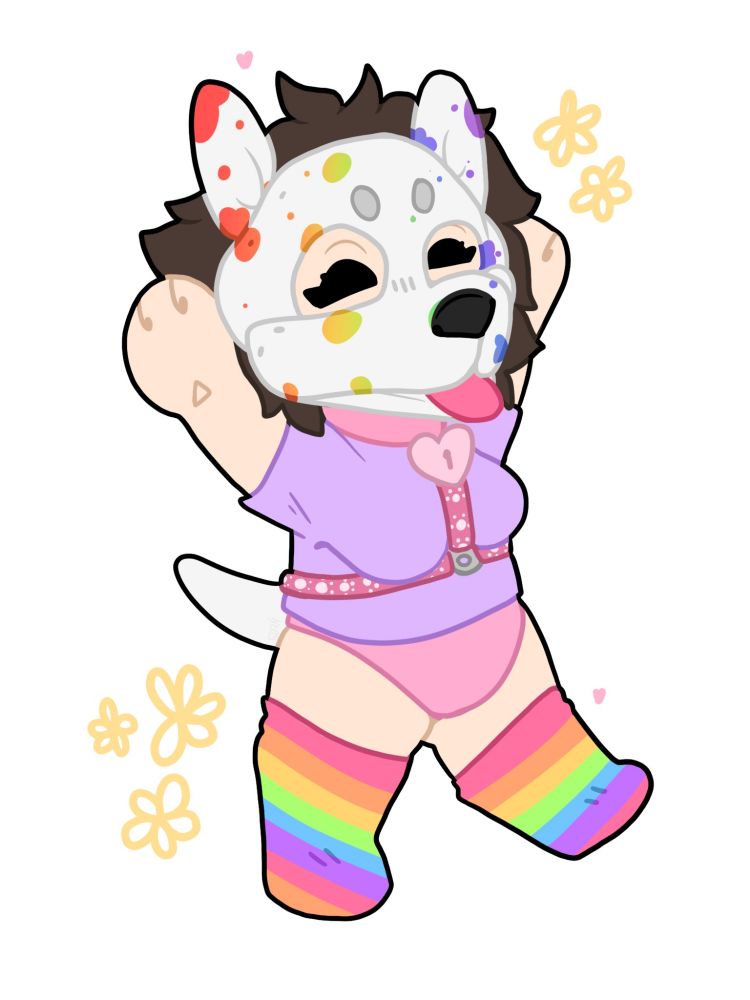happy rainbow spots white dog mask with harness and rainbow socks
