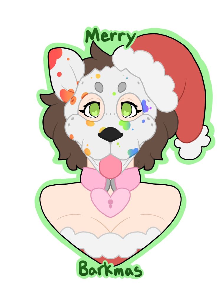 rainbow spots white dog hood with Santa hat bust