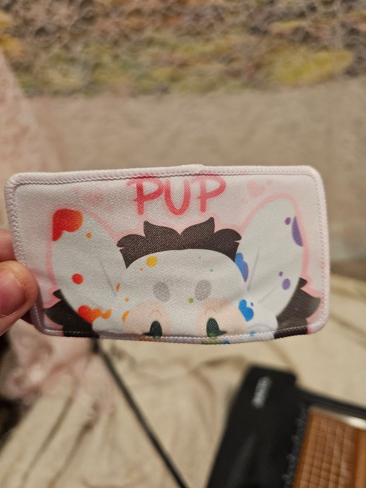 pup rainbow spots white dog patch