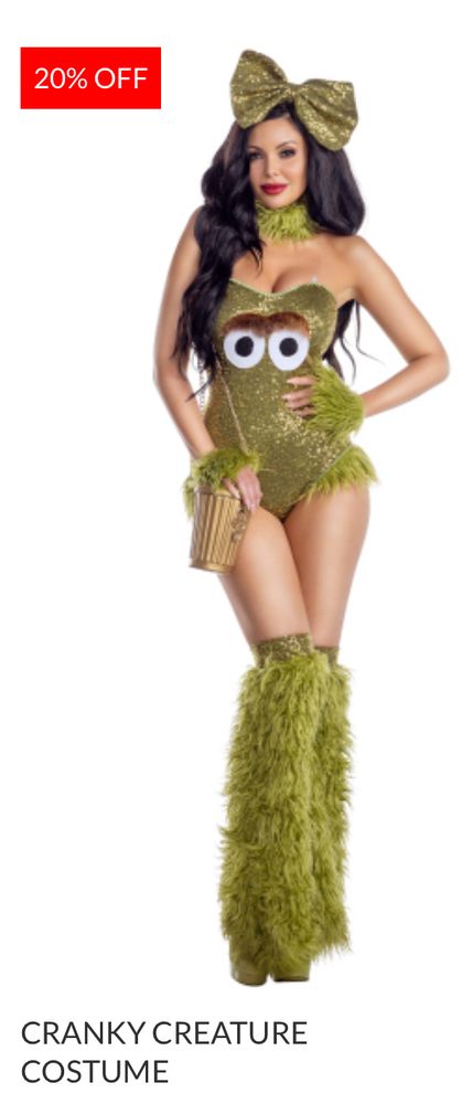 sexy Oscar the Grouch costume with giant eyes on her boobs and a trash can purse