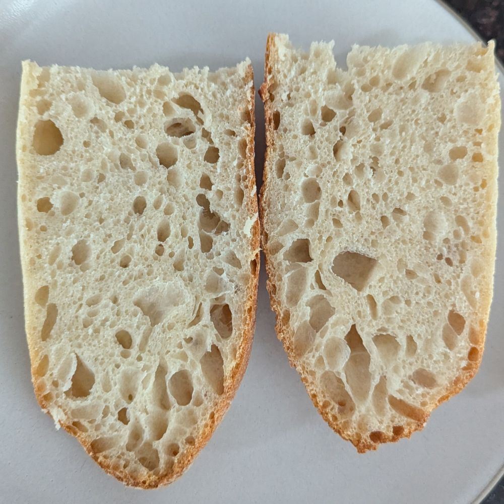 A hunk of baguette sliced open lengthwise showing a fairly open crumb.
