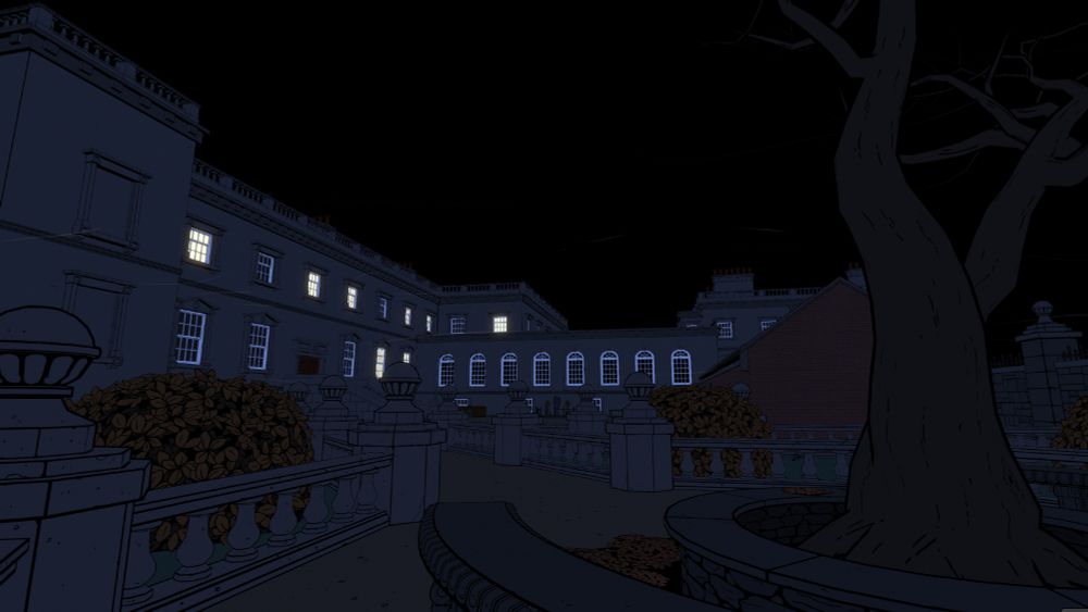 Blake Manor at night from outside. Some windows are lit. 