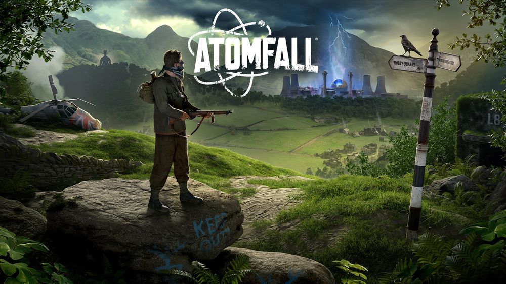 A person stands on a rocky outcrop looking towards a atom plant with a large "ATOMFALL" logo in the sky. Nearby, a directional sign points towards various locations, and a helicopter is seen crashed and the Wicker Man stands upon the hills in the lush green landscape under a stormy sky.