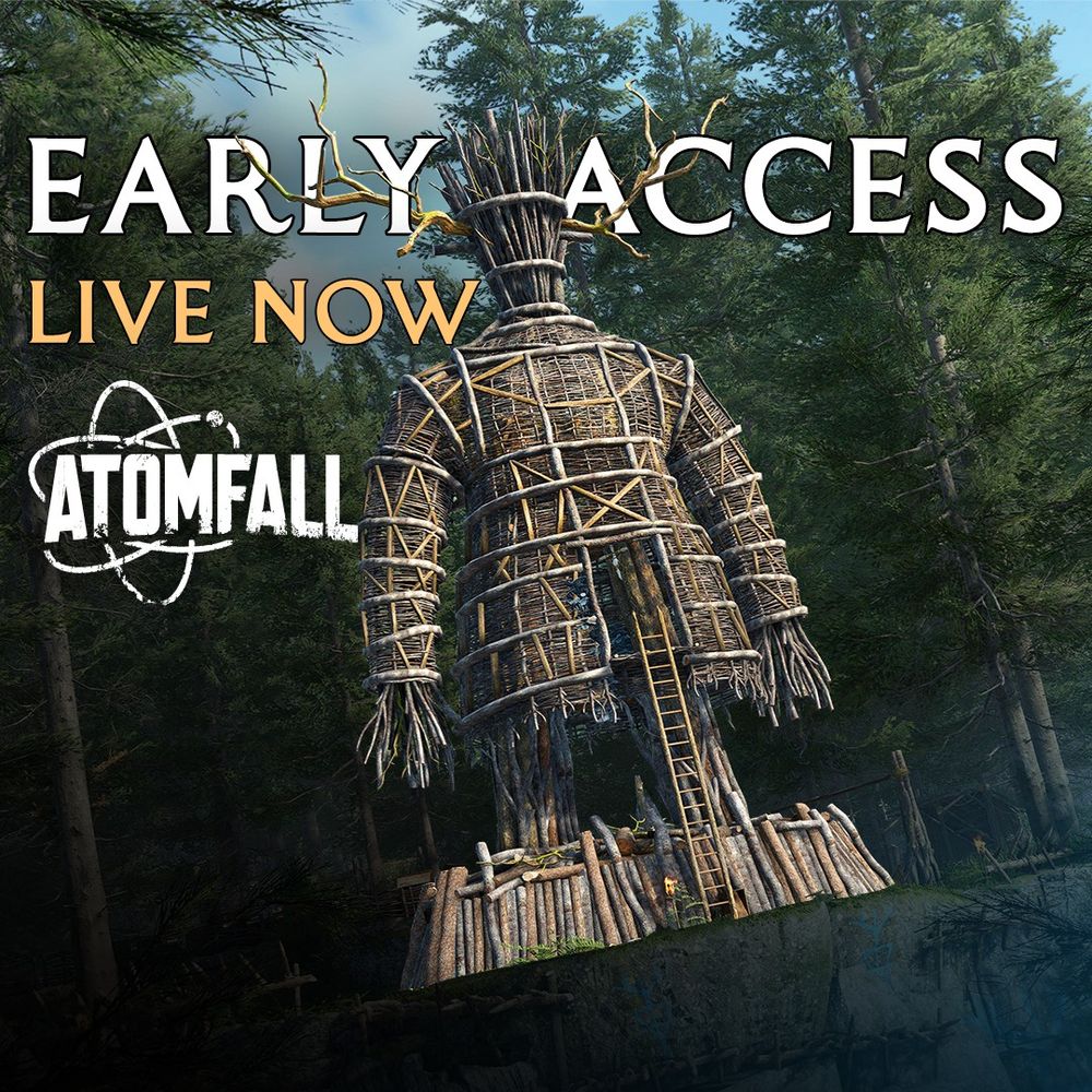 Promotional image for Atomfall Early Access featuring a large, wicker statue in a forest environment.