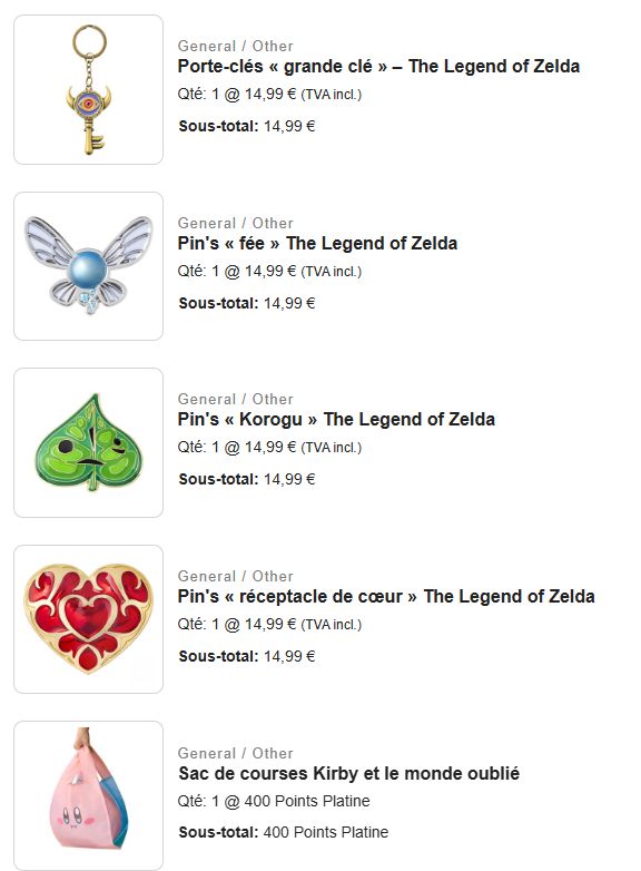 Capture de ma commande pin's et de porte-clef de la boutique Nintendo. Moment honteux de consumérisme que j'ai du mal à assumer.