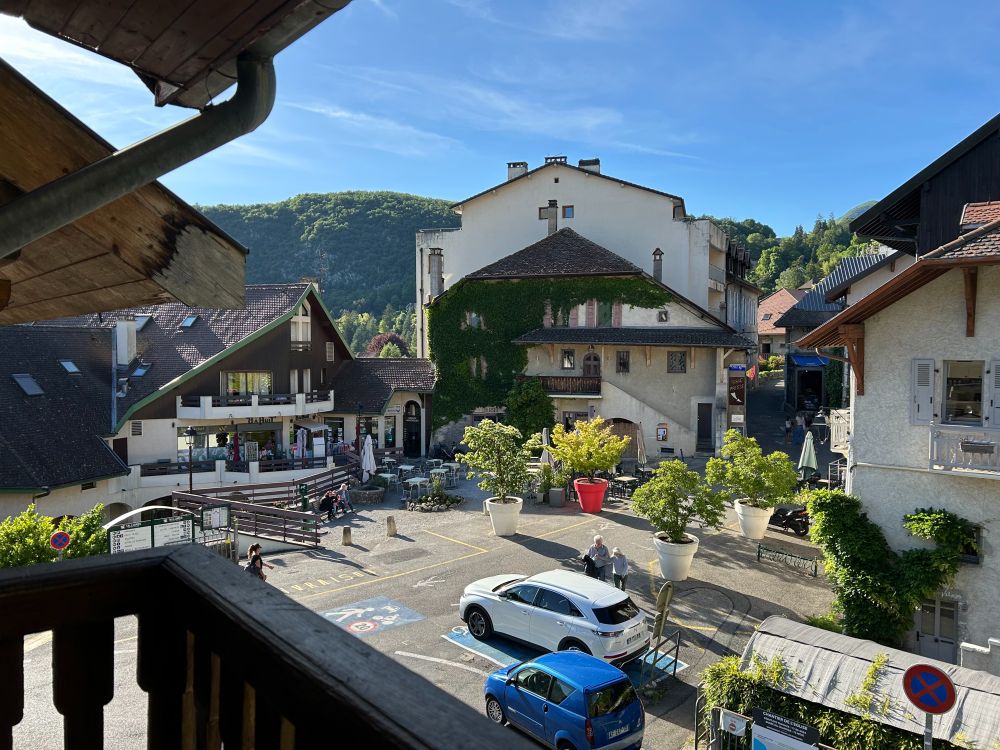 View of the town square of Talloires, France, from the balcony of our apartment rental