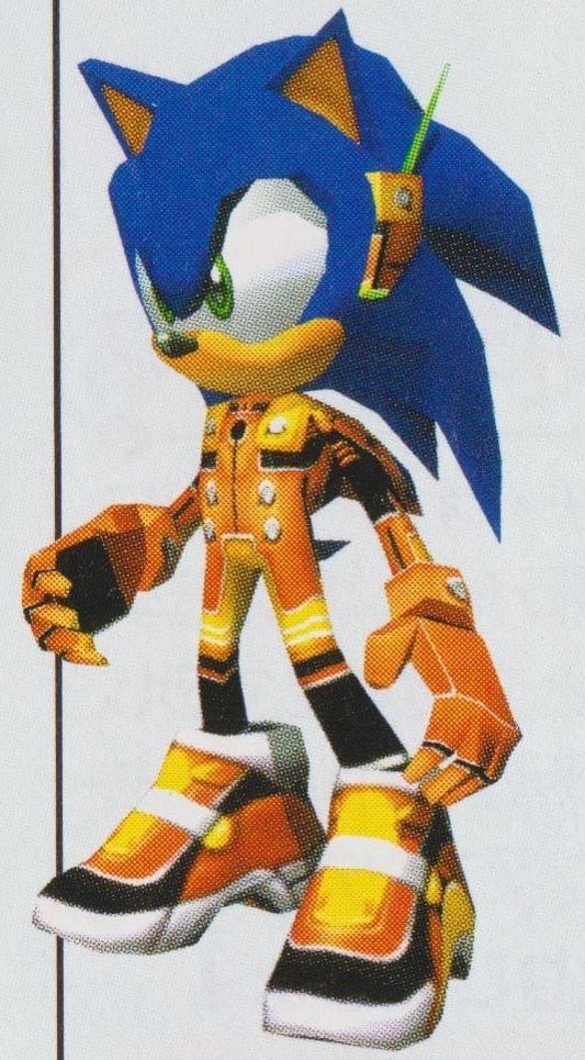 A picture of Sonic from Sonic the Hedgehog wearing the iconic futuristic looking default orange outfit of HUmar characters from Phantasy Star Online for the dreamcast