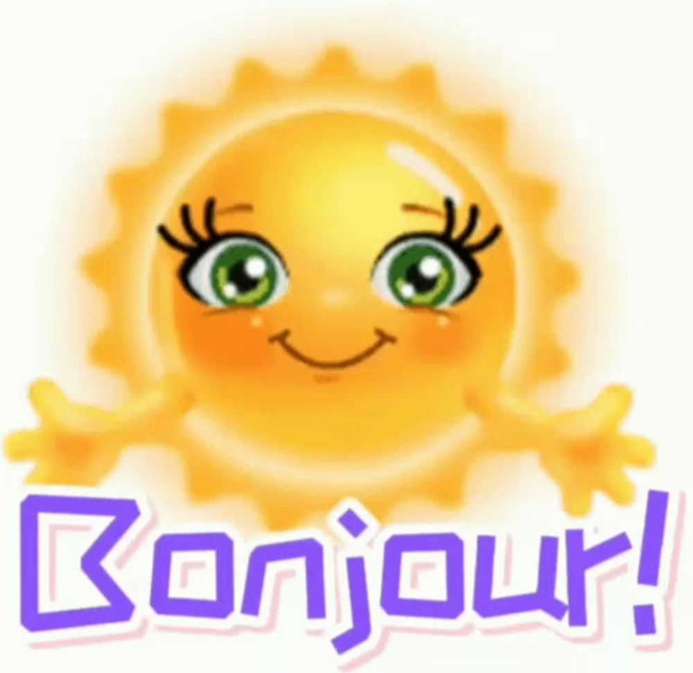 a cartoon sun with green eyes and the words bonjour written below it