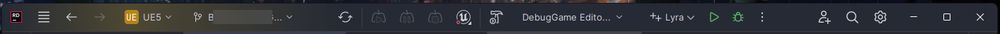 Rider IDE main toolbar, everything is spaced out nicely, textfields are juust readable.