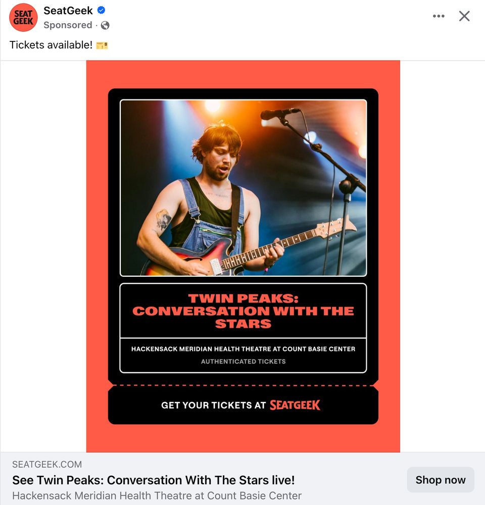 SeatGeek ad for "Twin Peaks: Conversation with the Stars" with a picture of a rock guitarist onstage who has nothing to do with the series
