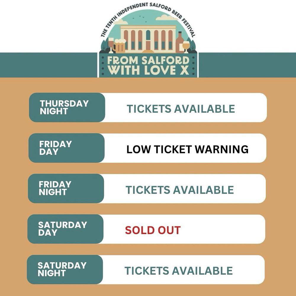 Thursday night - Tickets available
Friday day - Low ticket warning
Friday night - Tickets available
Saturday day - Sold out
Saturday night - Tickets available