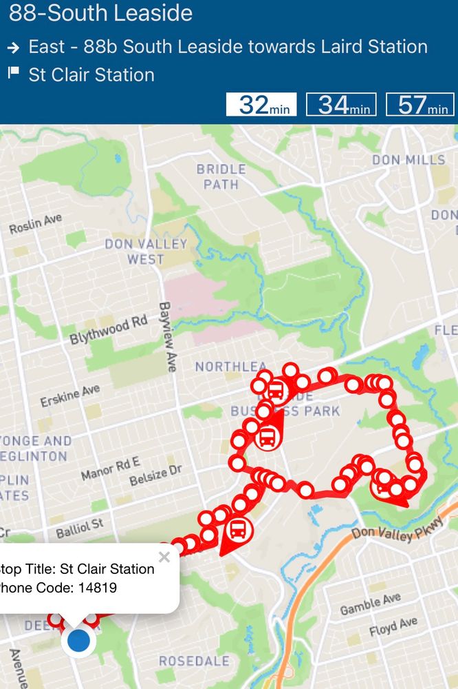 TTC bus prediction showing next two buses >30mins away