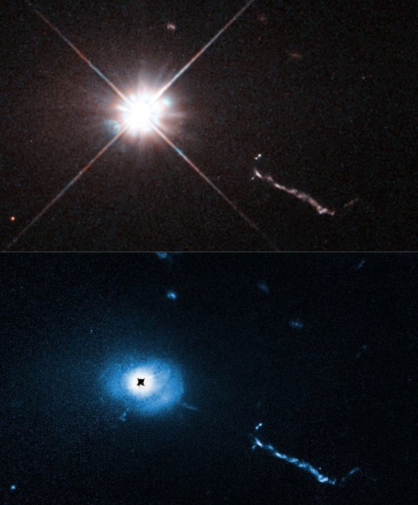 A Hubble Space Telescope image of the core of quasar 3C 273. A coronagraph on Hubble blocks out the glare coming from the supermassive black hole at the heart of the quasar. This allows astronomers to see unprecedented details near the black hole such as weird filaments, lobes, and a mysterious L-shaped structure, probably caused by small galaxies being devoured by the black hole. Located 2.5 billion light-years away, 3C 273 is the first quasar (quasi-stellar object) ever discovered, in 1963.
Credit:NASA,ESA