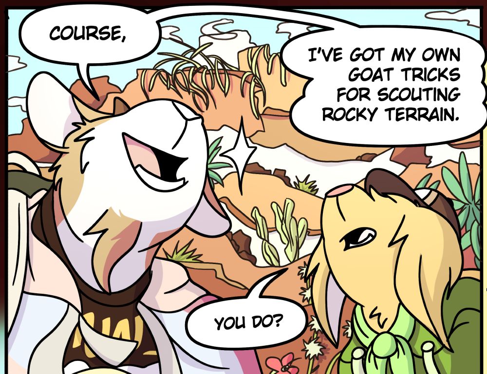 Boone and Romy looking up at a giant rocky hill from worm's eye POV. Boone: "Course, I've got my own goat tricks for scouting rocky terrain." Romy: "You do?"
