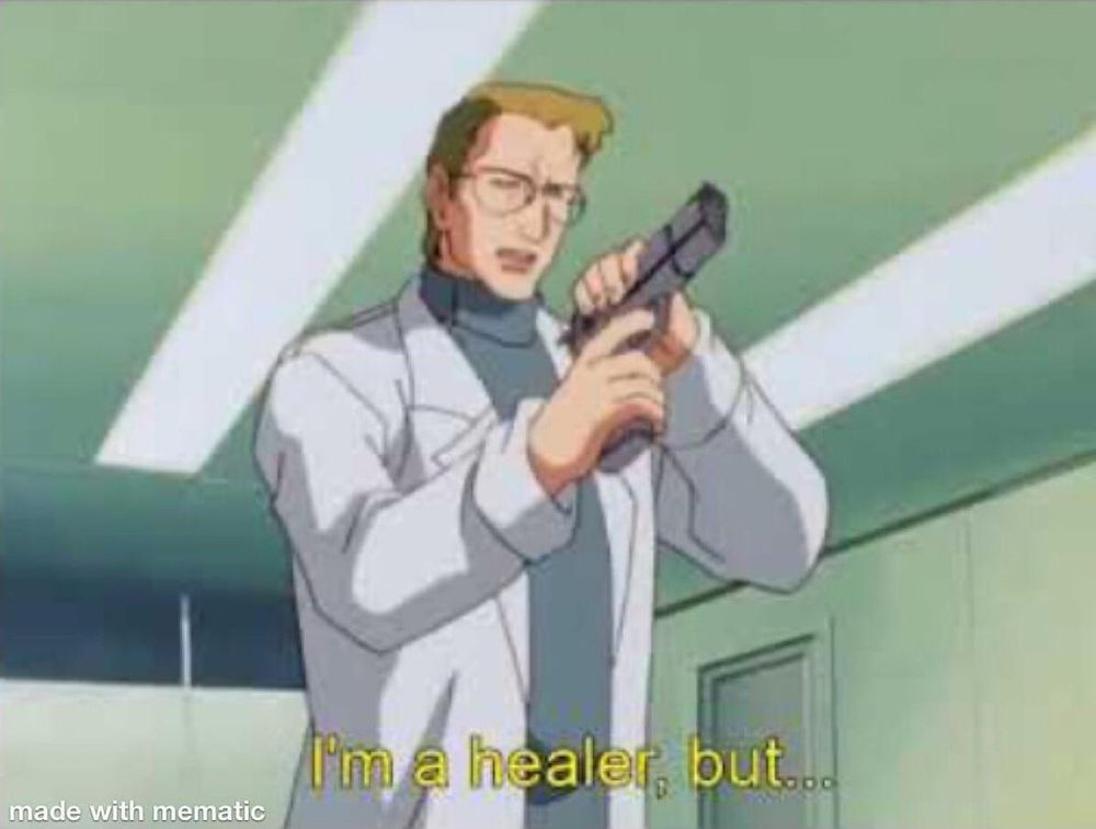 Anime Doctor in an open white lab coat cocking back a pistol stating...