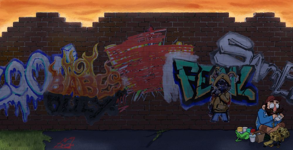 A wall of spray art Grafitti with a self portrait of the Artist eating a burger.