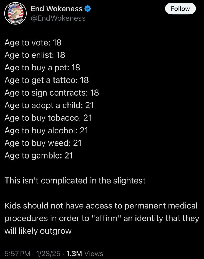 Twitter fash lists several legal minimum ages in an attempt to frame Trump's trans surgery ban as common sense 