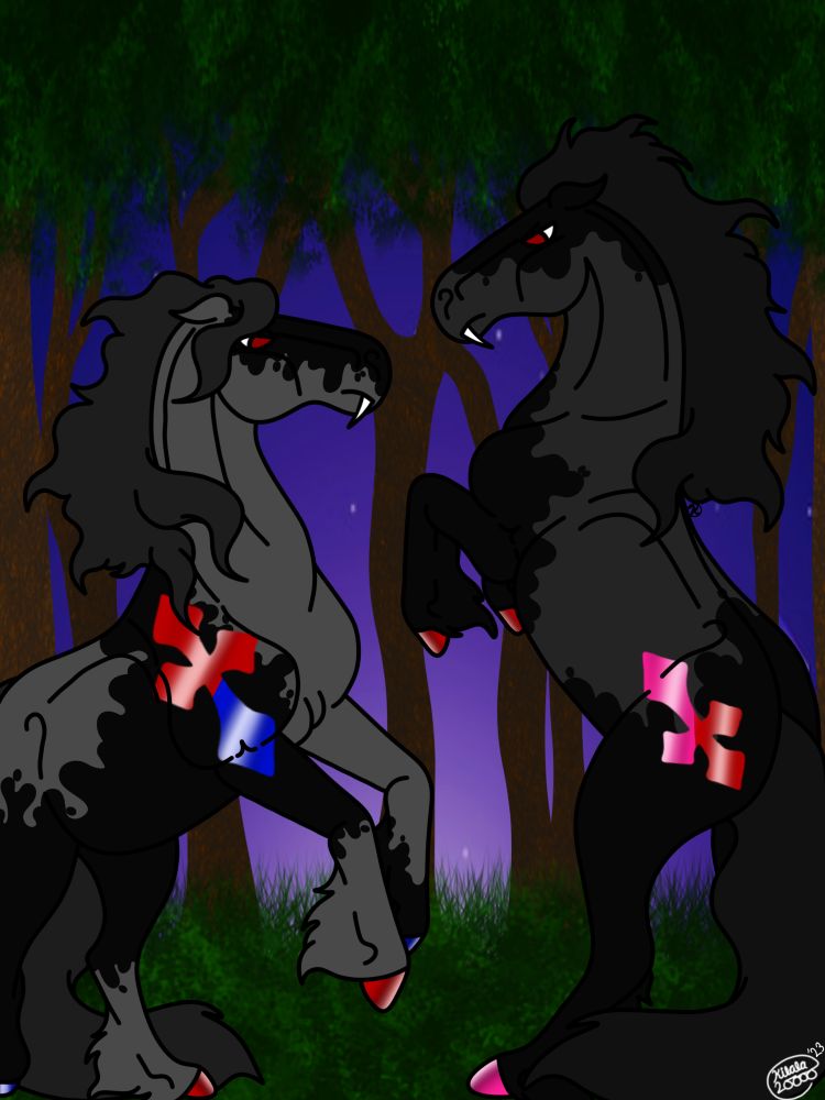 Morticia, the darker horse with a red and pink cross, challenging Cortis, the lighter horse with the red and blue cross, to a rematch. Cortis belongs to nobodys00special on DeviantArt. 