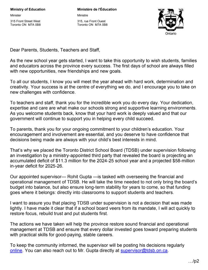 A letter from Paul Calandra wishing everyone a great start to the school year but also reminding everyone that public education is on the chopping block in Ontario.