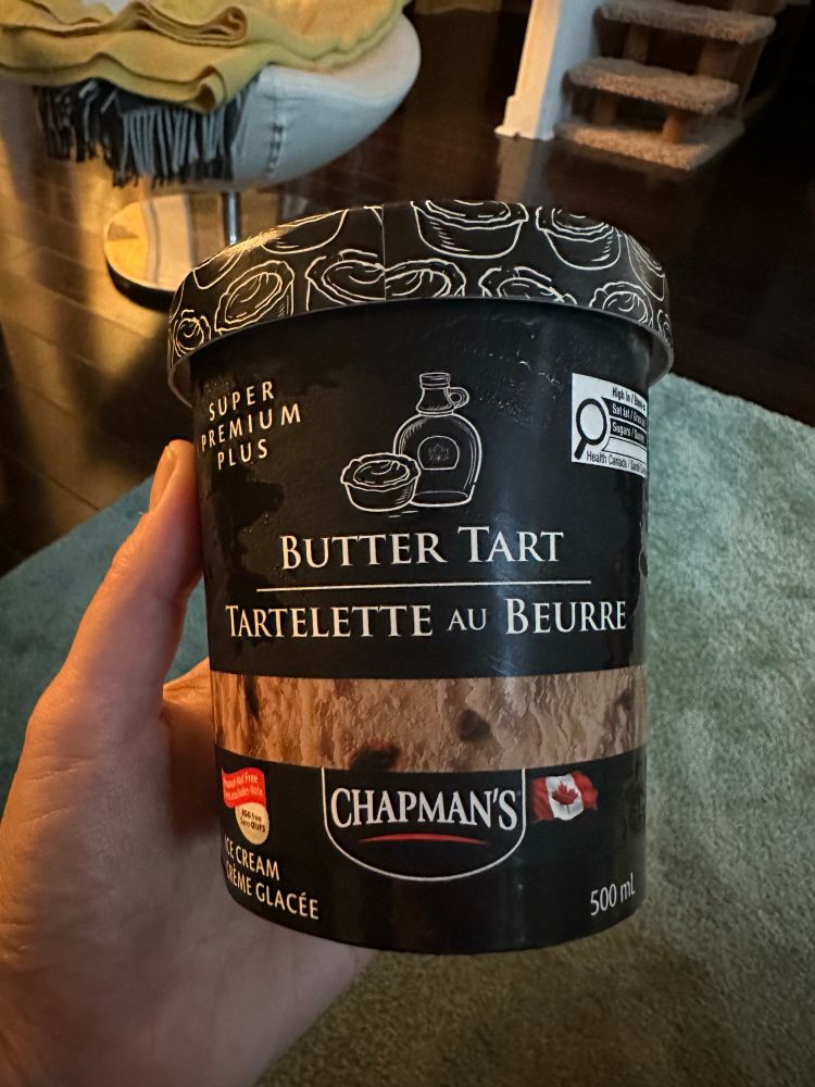 A small tub of butter tart ice cream by Canadian all-stars Chapman’s. 