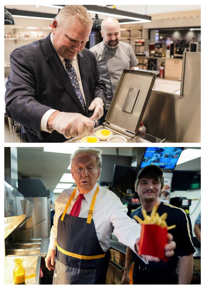 Top: Doug Ford pretends to be a man of the people by cracking an egg into a cup. It's embarrassing.

Bottom: Donald Trump pretend to be awake while handing McDonalds fries to someone off camera. 
