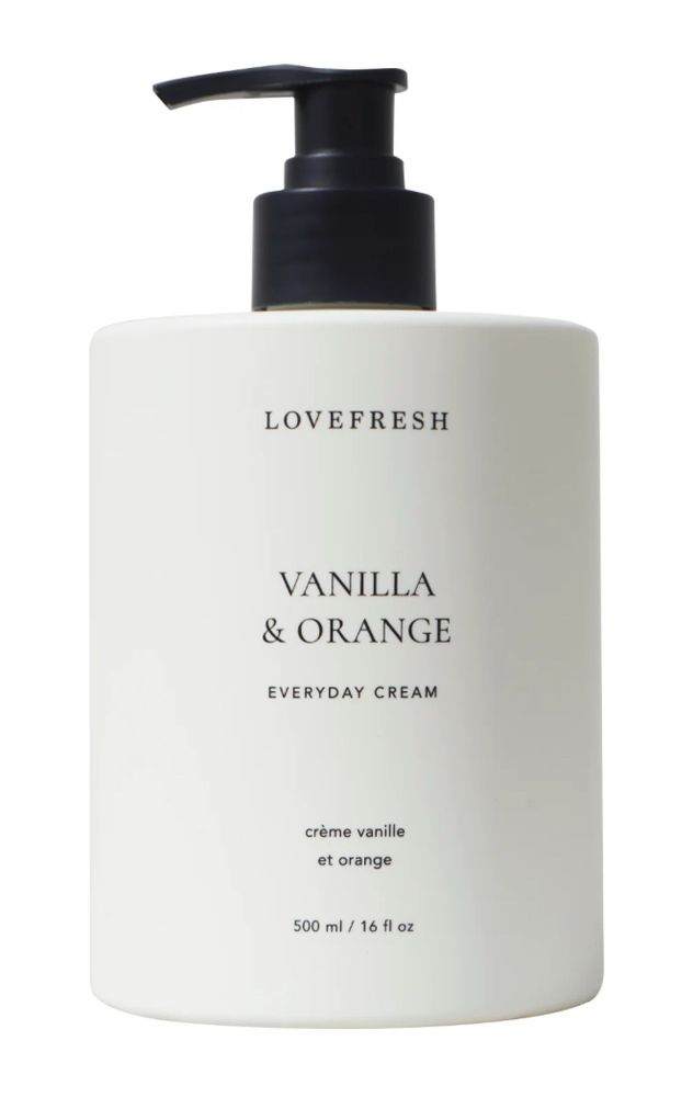 A bottle of vanilla and orange scented body lotion from Lovefresh - a company based in Toronto. 