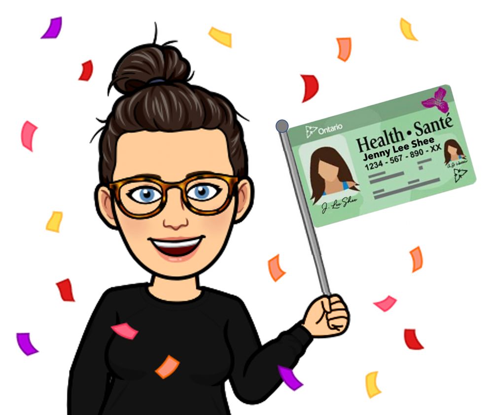 A Bitmoji character smiles and waves a flag while confetti falls around her. The flag is made up of a green Ontario health card.