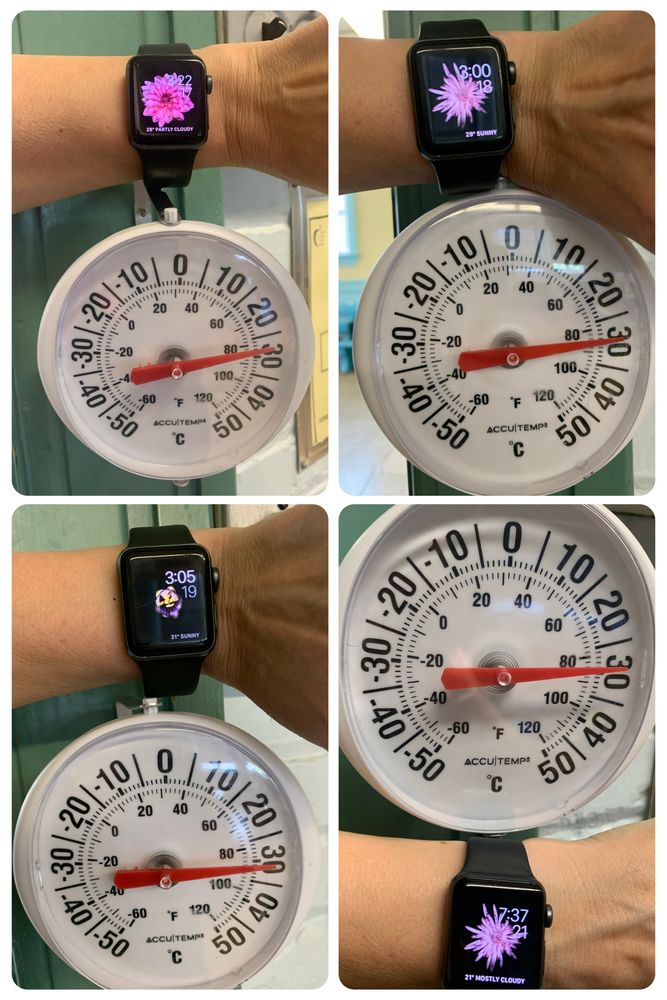 Four pictures of a wall thermometer in a classroom show temperatures of over 29°C at different times of the day. 