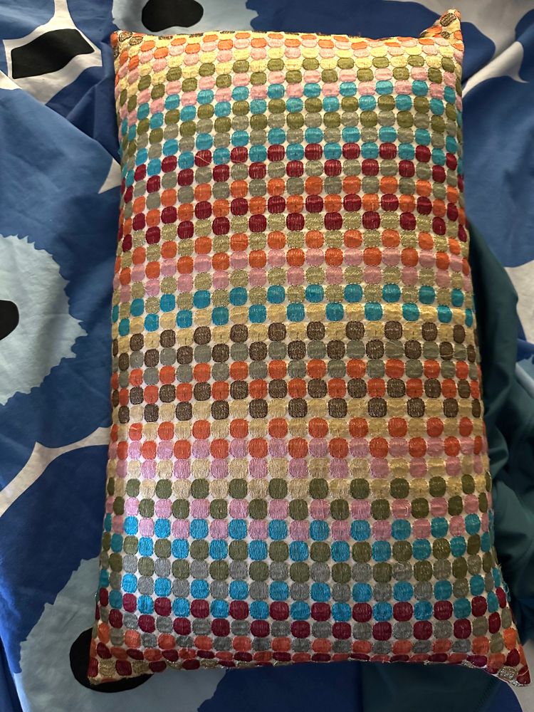 A throw pillow covered in rows of colourful embroidered dots. 
