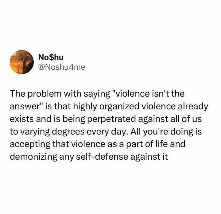 From No$hu
@Noshu4me


The problem with saying “violence isn’t the answer” is that highly organized violence already exists and is being perpetrated against all of us to varying degrees every day. All you’re doing is accepting that violas a part of life and demonizing any self-defense against it