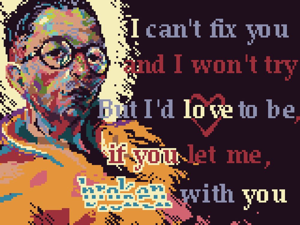 Pixel art valentine card featuring Kim Kitsuragi (character from video game disco elysium) that says: "I can't fix you and i won't try, but i'd love to be, if you let me, broken with you"