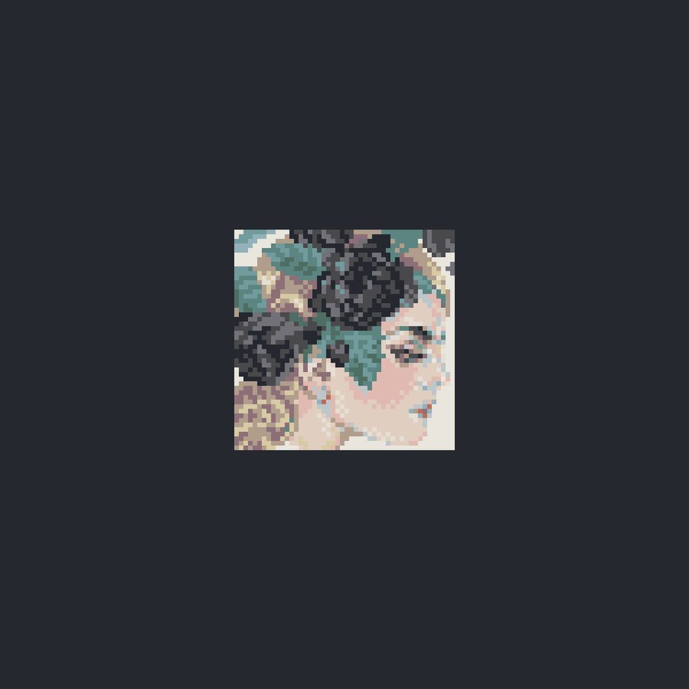 lowres pixel art cover of Coeur de Pirate Roses album. Profile view of the singer faces, slightly looking down, with black roses on her hair. 