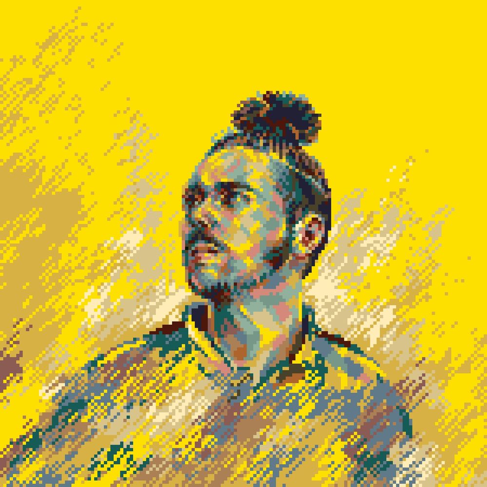 Portrait of a white man with pineapple haircut, looking to his right, slightly upwards. Background is heavily pixelled in yellow, and spray tool was used to make a transition between the start of the clothes and the background. 