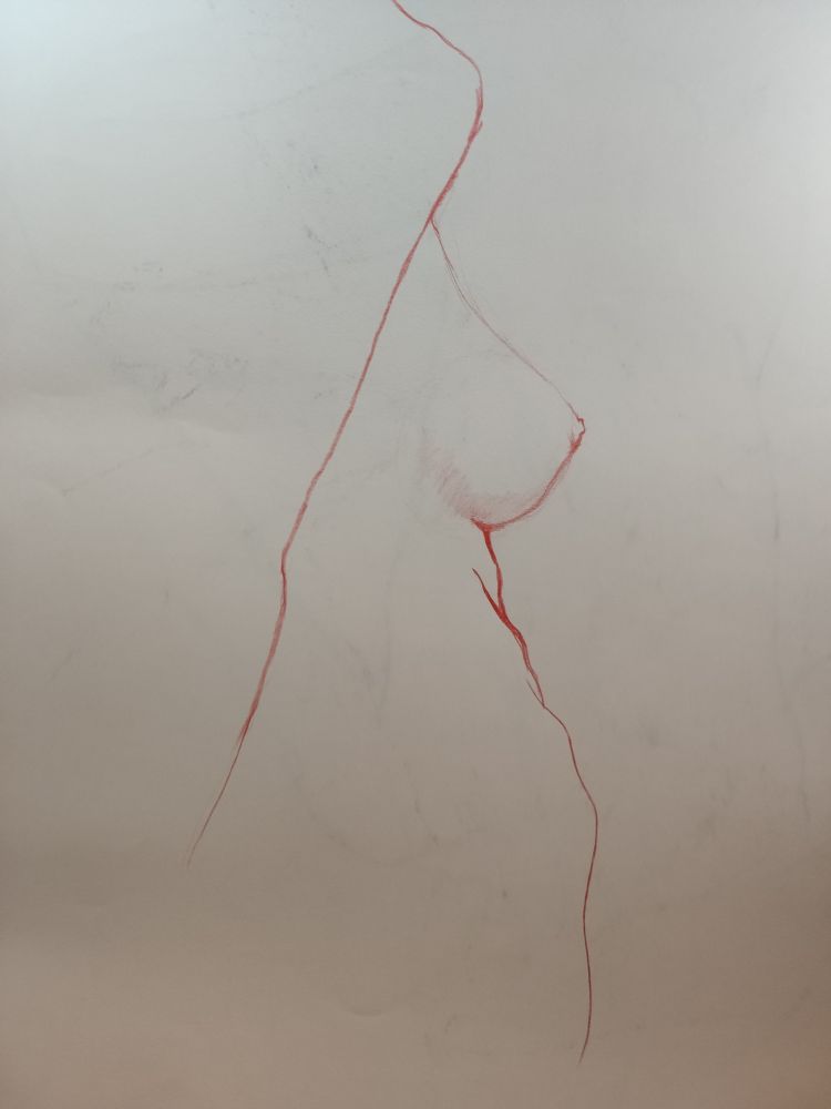 Red pencil, single continuous line drawing of a woman between  start of the right shoulder to the start of the leg, the right arm crossing diagonally behind her back
